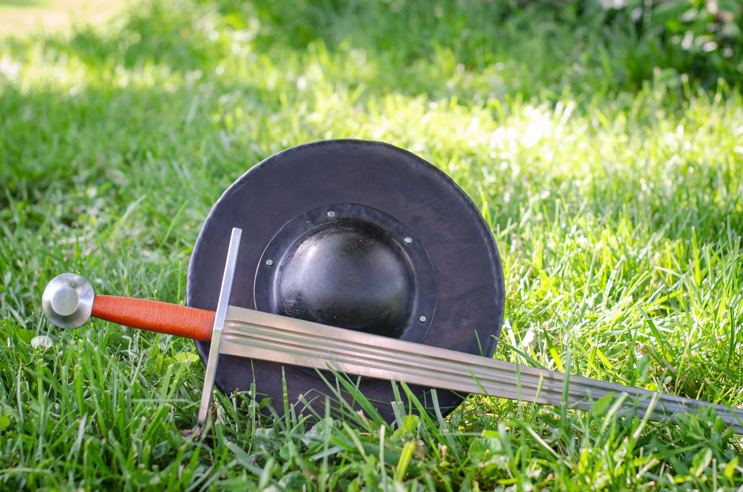 A longsword and buckler resting in sunlit grass